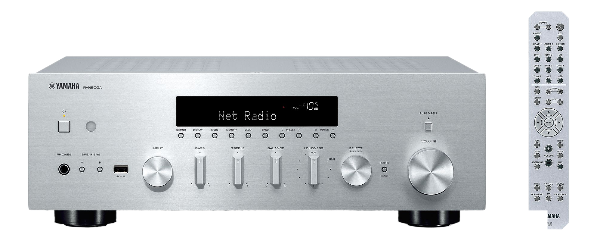 Silberner Yamaha Stereo-Receiver und seine Fernbedienung auf schwarzem Hintergrund.