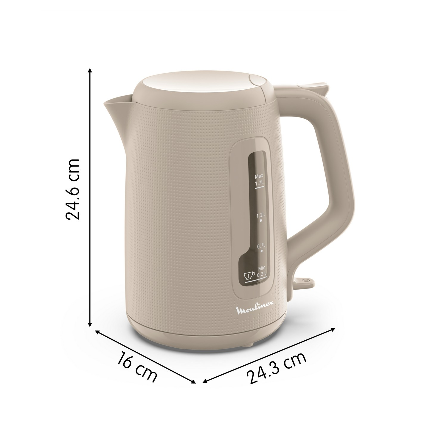 Beige electric kettle. Measurements are shown on the image.