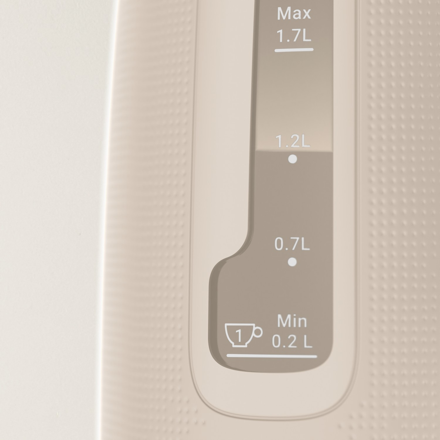 Close-up of a kettle's water level indicator. It shows 1.2L of water inside.