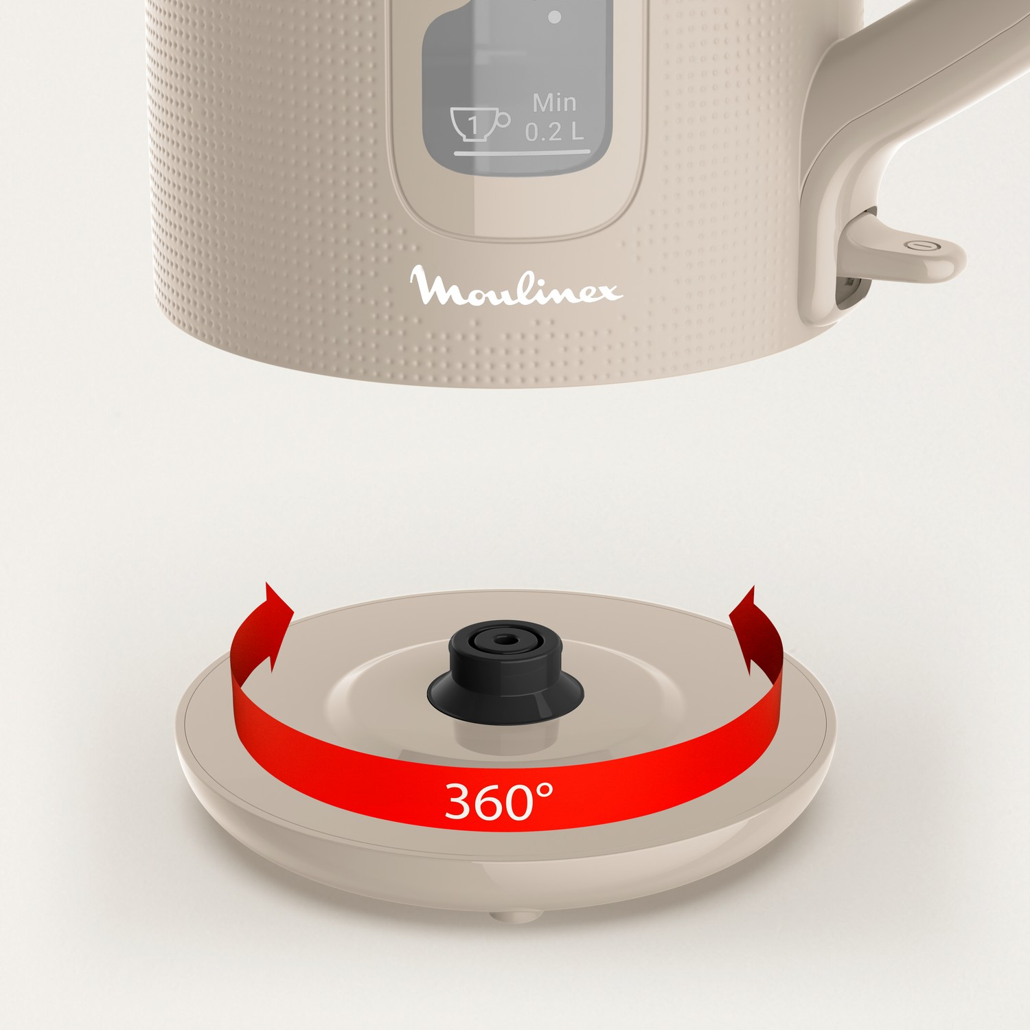 Beige electric kettle, detail of base, white background.