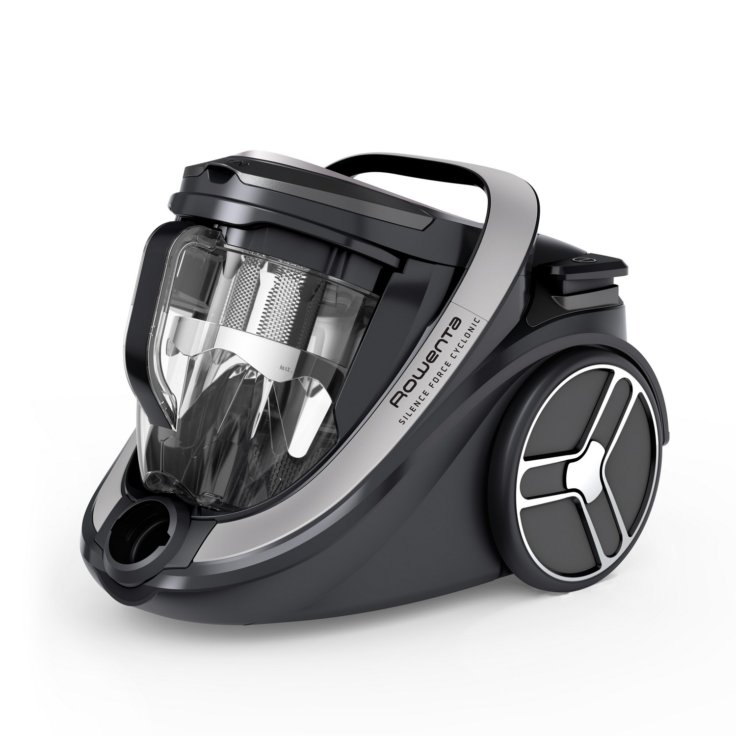 Een zwarte en zilveren Rowenta Silence Force Cyclonic stofzuiger op een witte achtergrond.