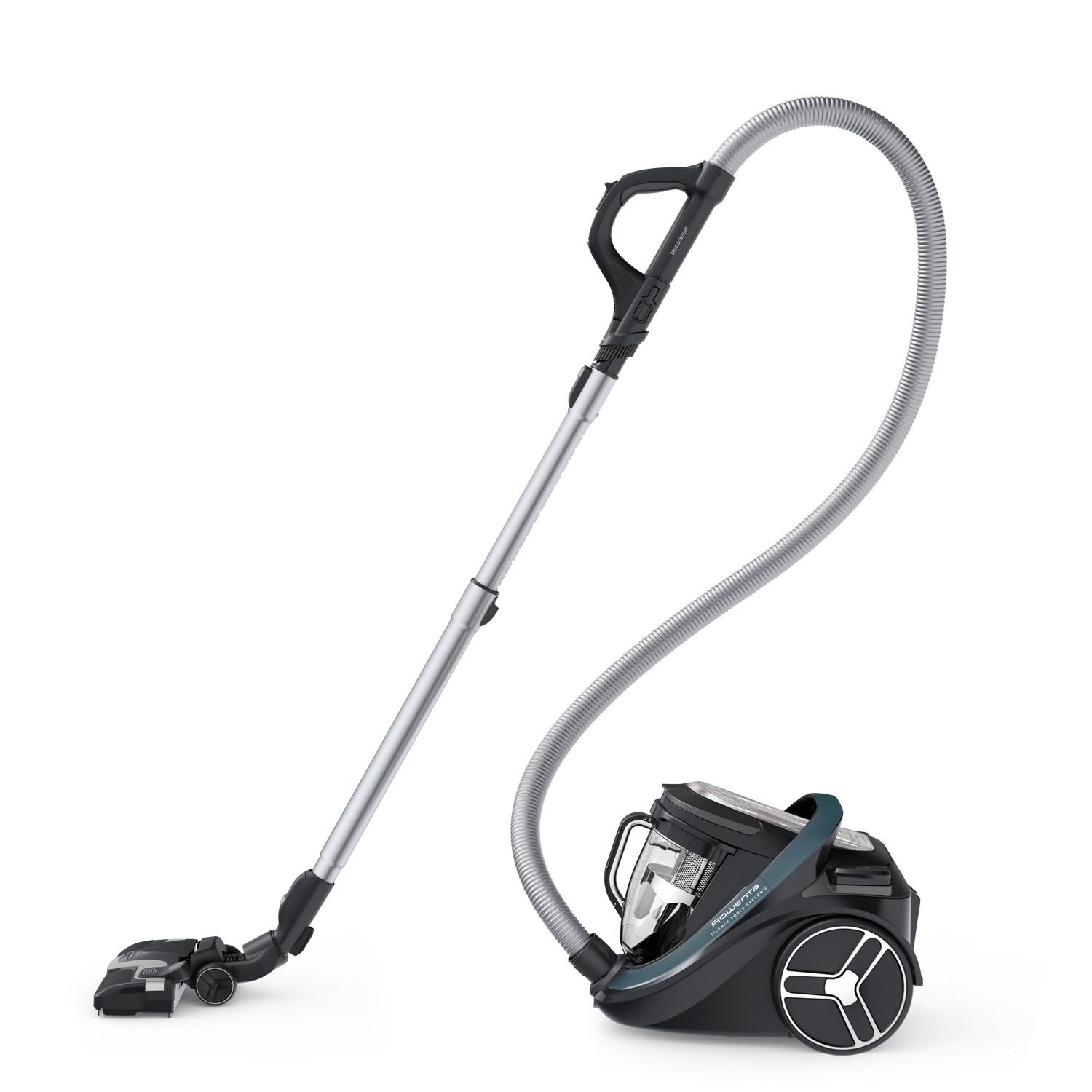 Vacuum cleaner with a long hose and a black body. The hose is grey.