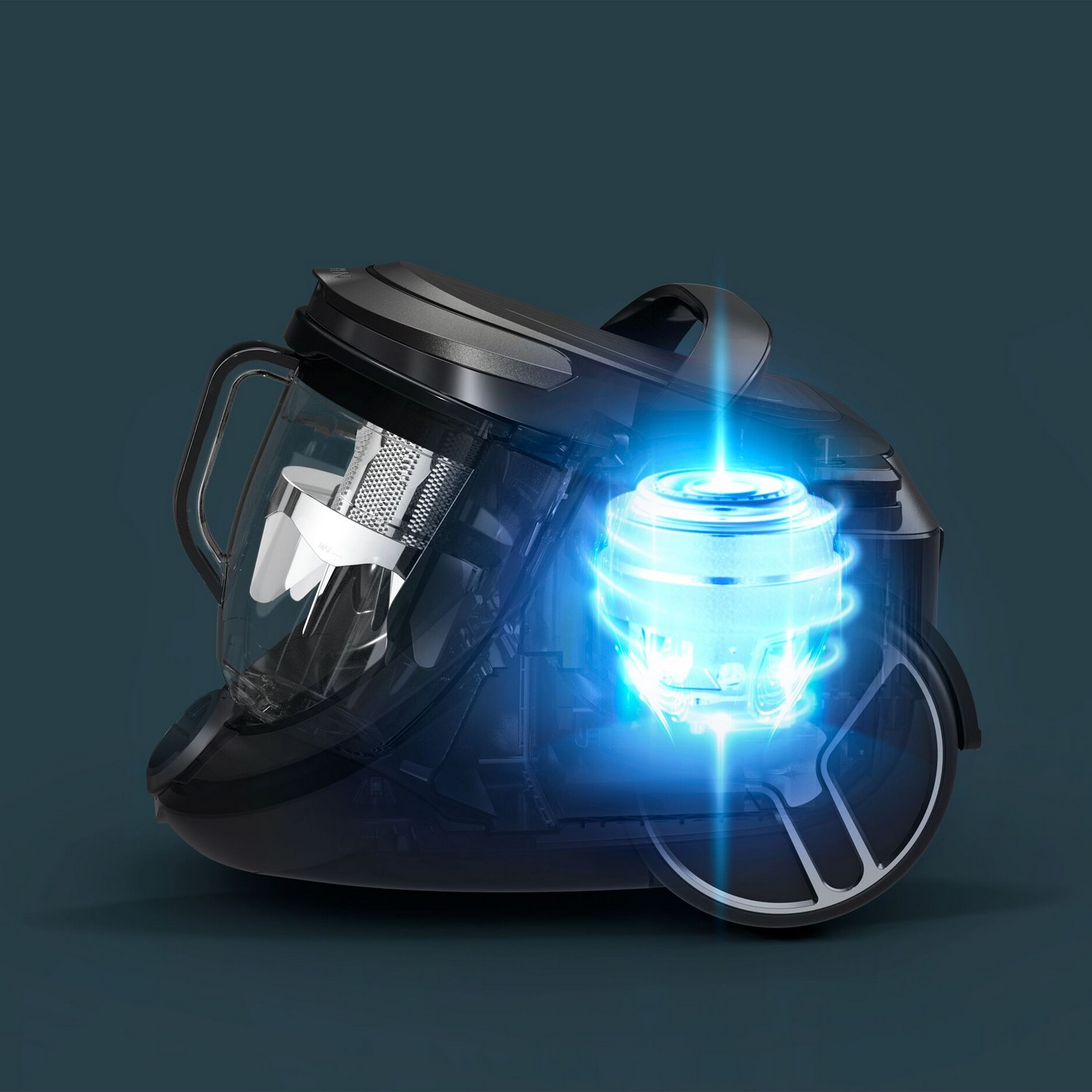 Black vacuum cleaner with glowing interior details, on a dark blue background.