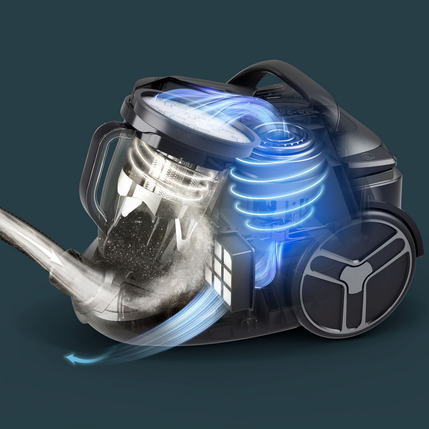 Vacuum cleaner design. Shows internal airflow with blue lines, and a clear dust container.