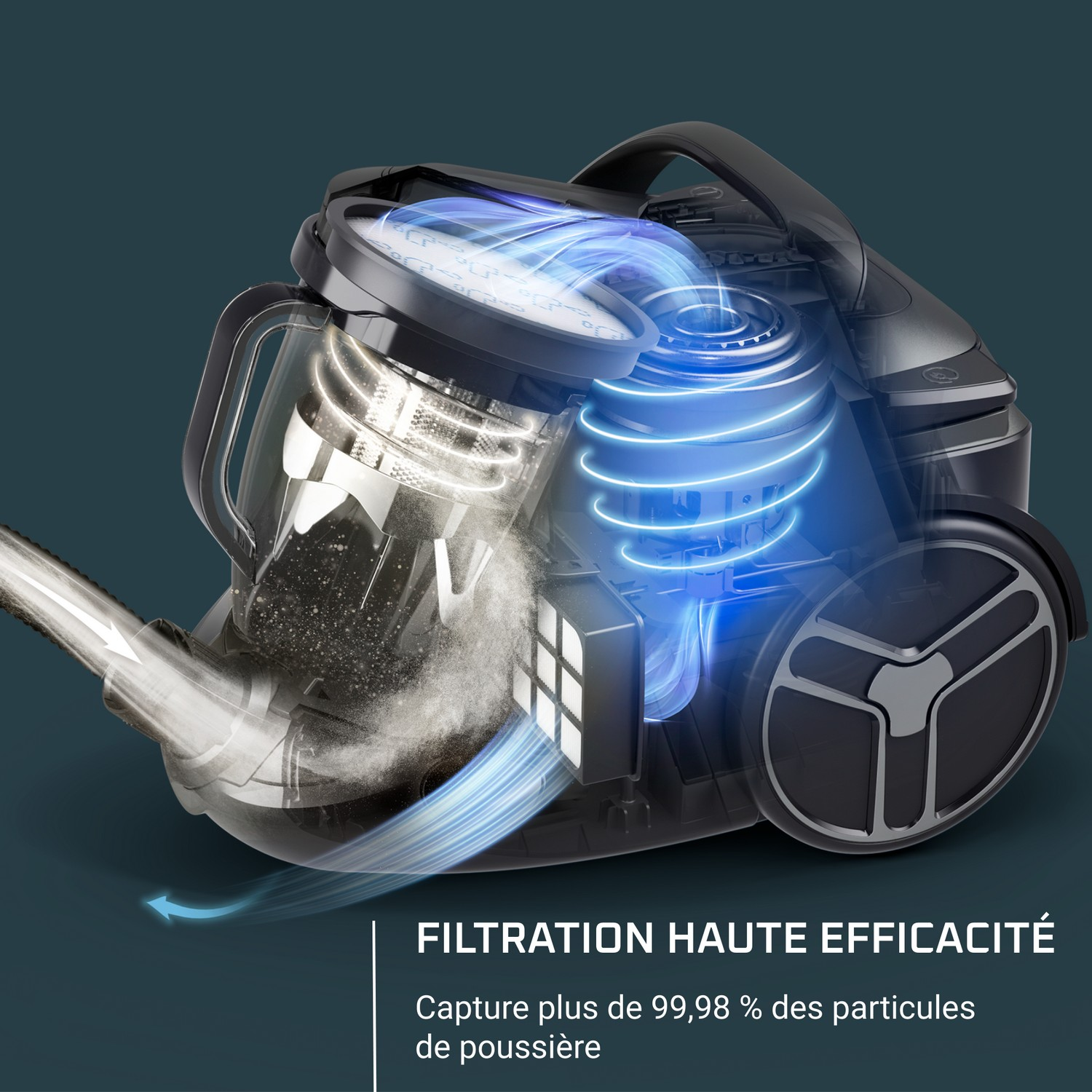 Aspirateur avec une section transparente montrant le système de filtration et le flux d'air.