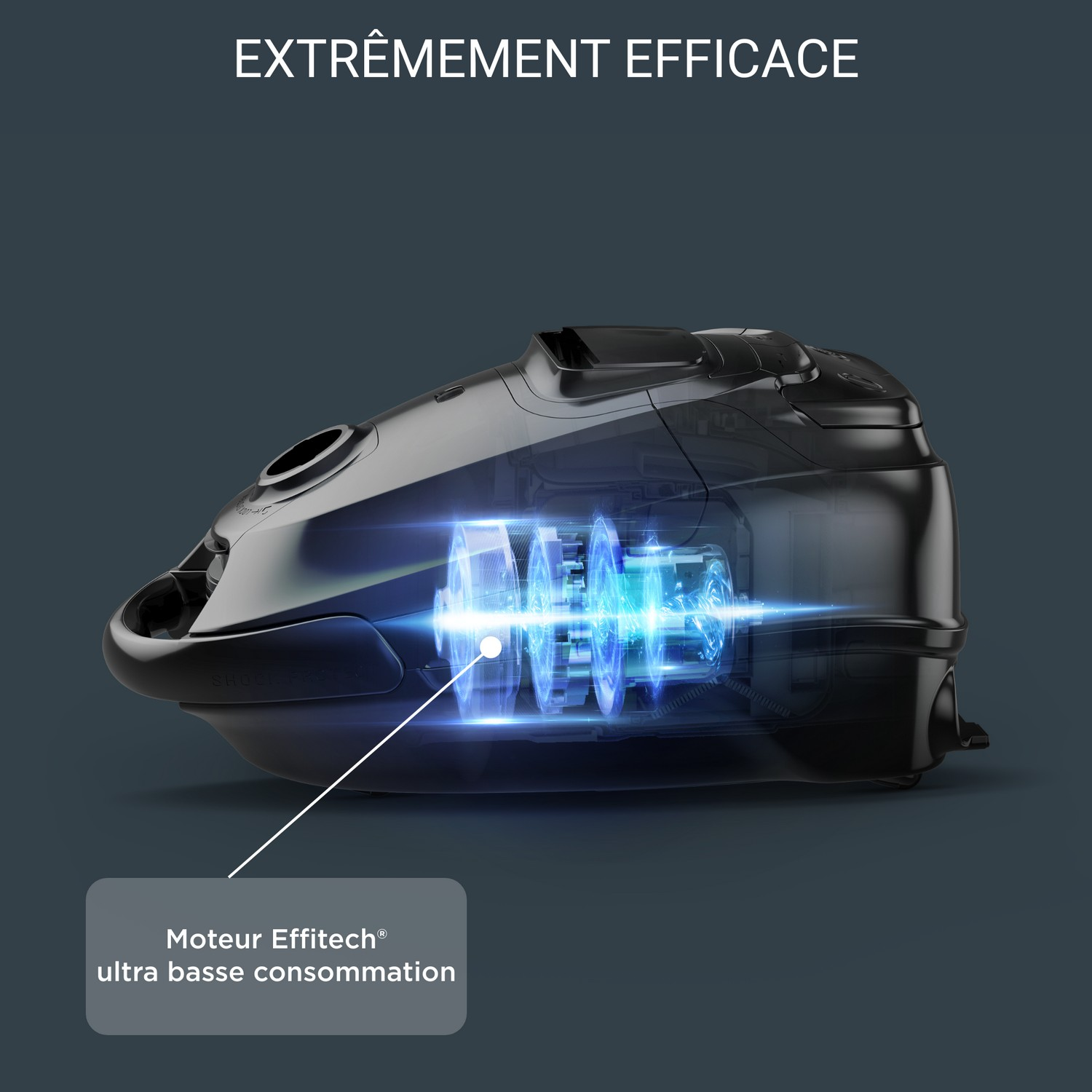 Coupe d'un aspirateur noir montrant les composants internes et le mot Effitech.