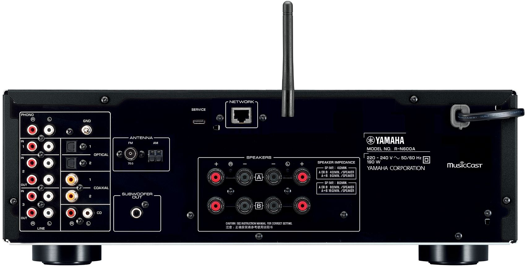 Rückseite eines Yamaha-Receivers mit Eingängen, Ausgängen und Modellinformationen.