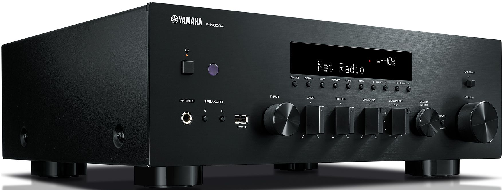 Ein schwarzer Yamaha Stereo-Receiver auf weißem Hintergrund.
