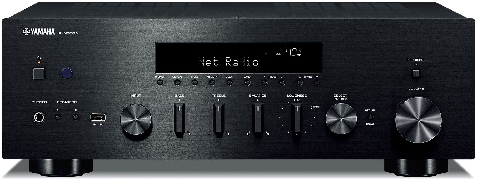 Ein schwarzer Stereo-Receiver mit einem Display, das 'Net Radio' anzeigt. Knöpfe und Tasten sind sichtbar. Yamaha-Logo.