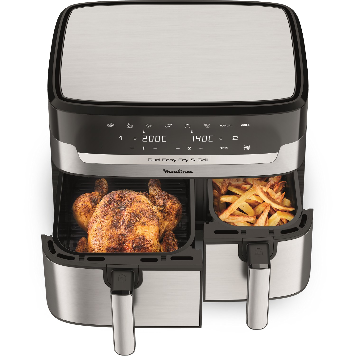Double friteuse à air avec poulet et frites. Design en acier inoxydable et noir.