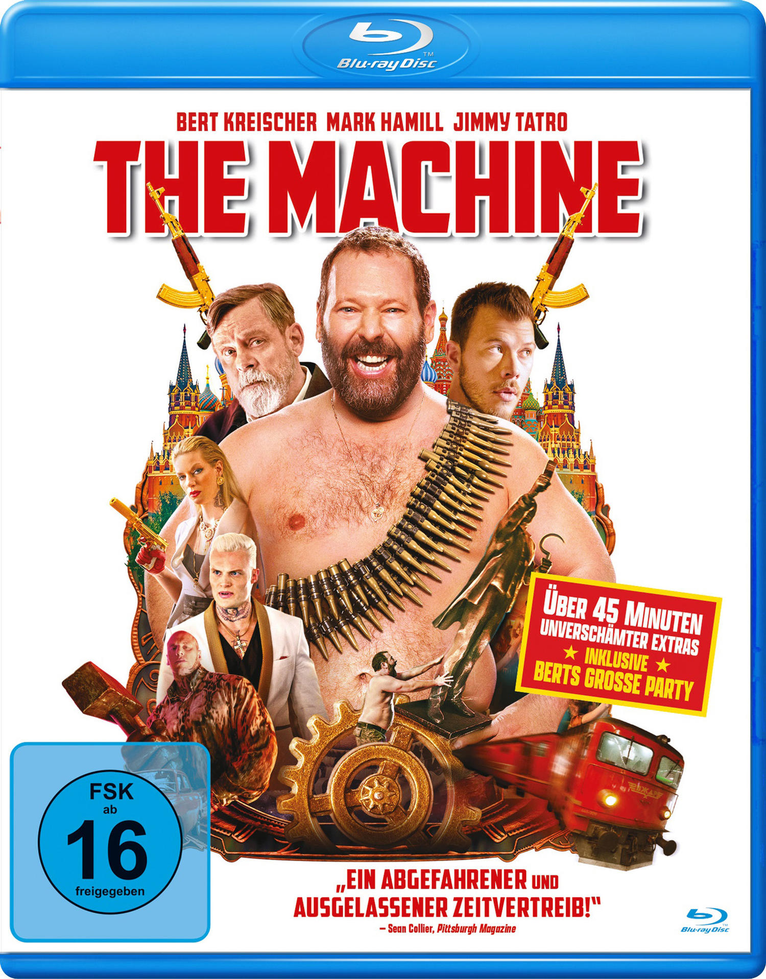 Blu-ray-Cover für "The Machine". Enthält Schauspieler, Explosionen und einen Zug. Text: "The Machine".