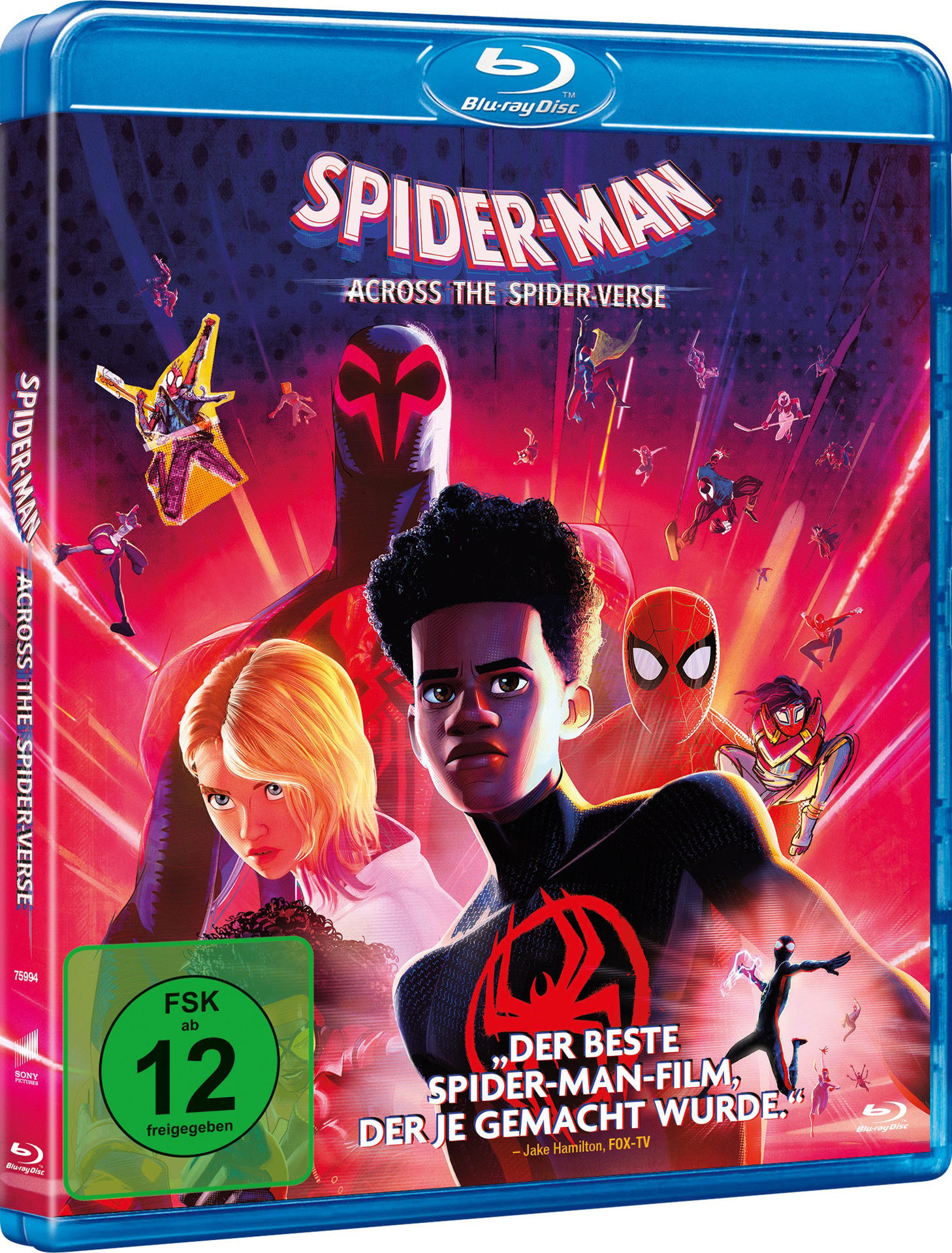 Blu-ray Disc Cover für 'Spider-Man: Across the Spider-Verse'. Mit Charakteren in leuchtenden Farben.
