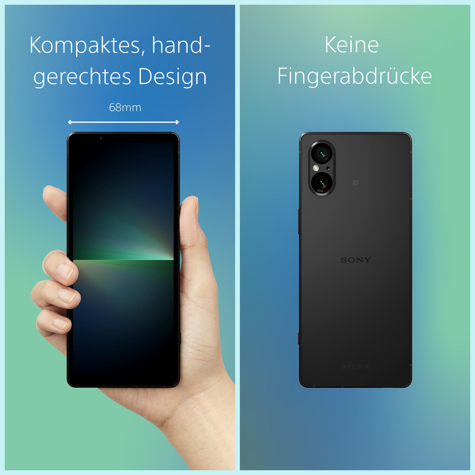 Ein Smartphone auf blauem und grünem Hintergrund. Text sagt 'Kompaktes, handliches Design' und 'Keine Fingerabdrücke'.