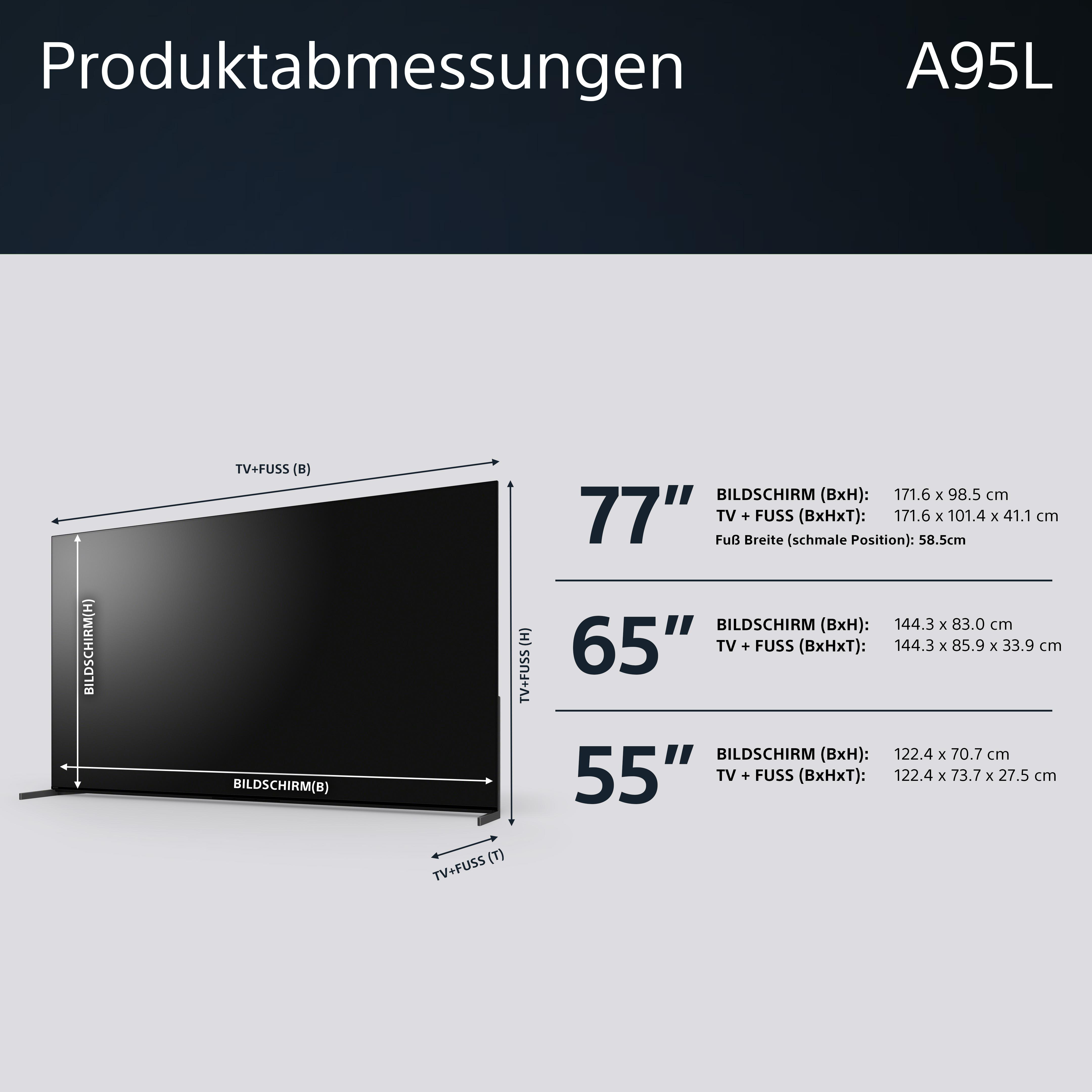 Ein Fernsehbildschirm mit Größeninformationen. Enthält 77", 65" und 55" Abmessungen und zugehörigen Text.