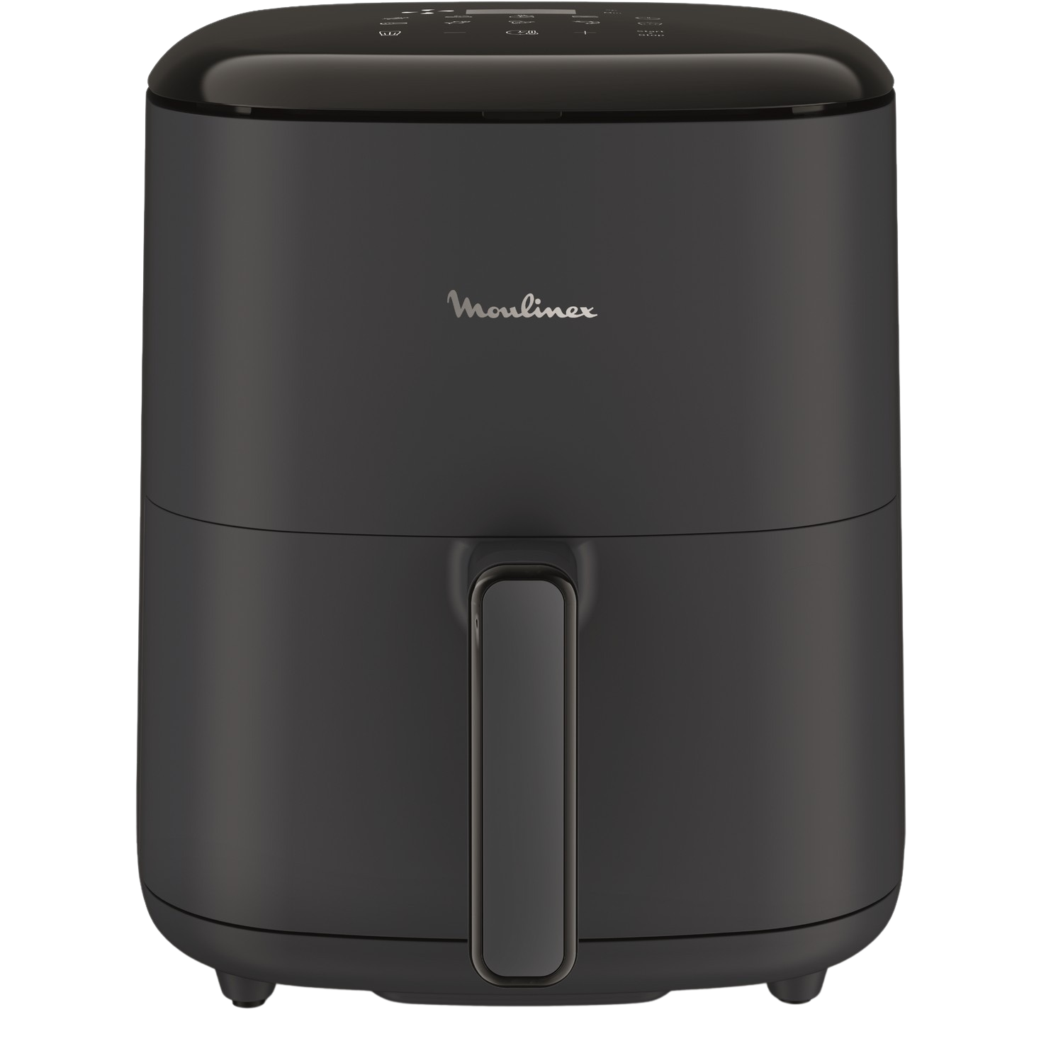 Zwarte airfryer, zijaanzicht, handvat en bedieningspaneel aan de bovenkant.