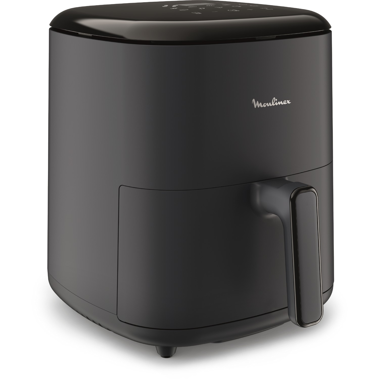 Zwarte Moulinex airfryer, met handvat, op witte achtergrond, en het Moulinex logo.