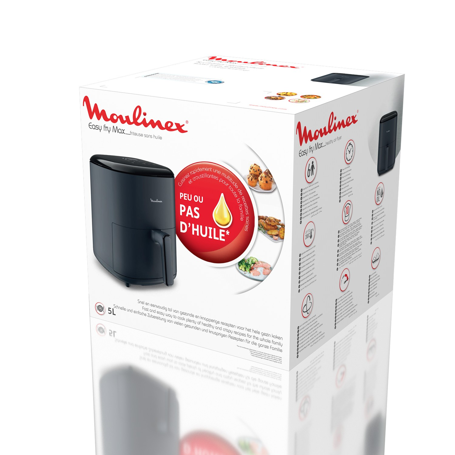 Moulinex airfryer doos met een zwarte airfryer zichtbaar. De doos toont functies en afbeeldingen.