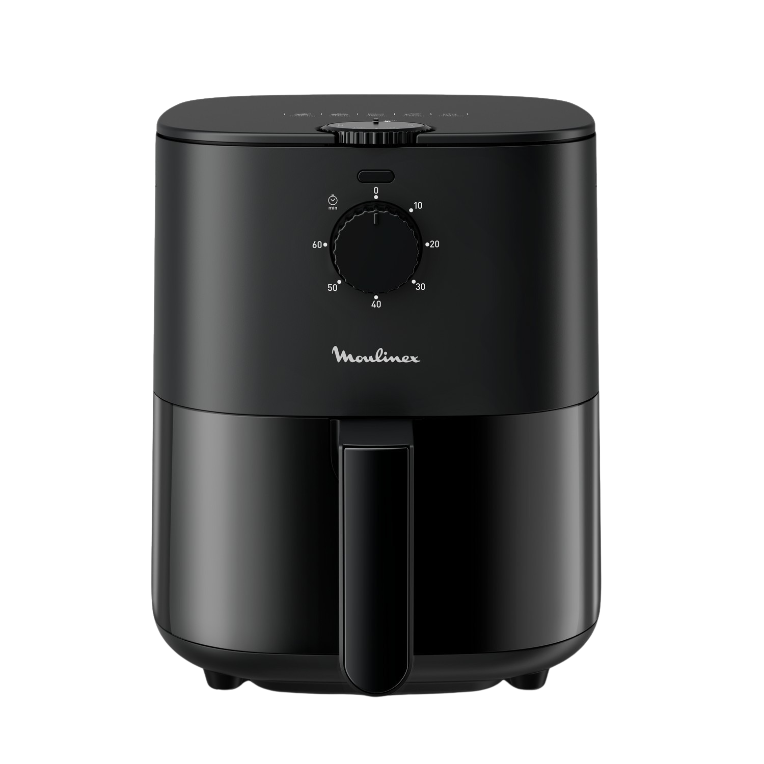 Een zwarte airfryer met een handvat en een timerknop, zwarte achtergrond.