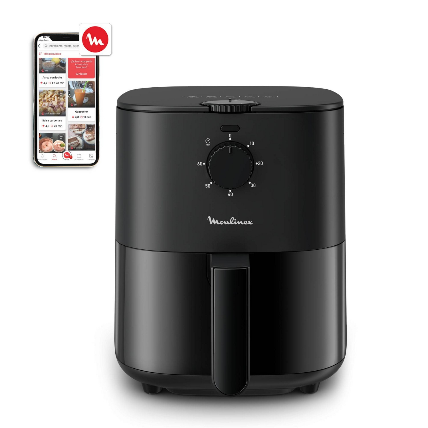 Zwarte airfryer met timer en telefoon met recepten-app.