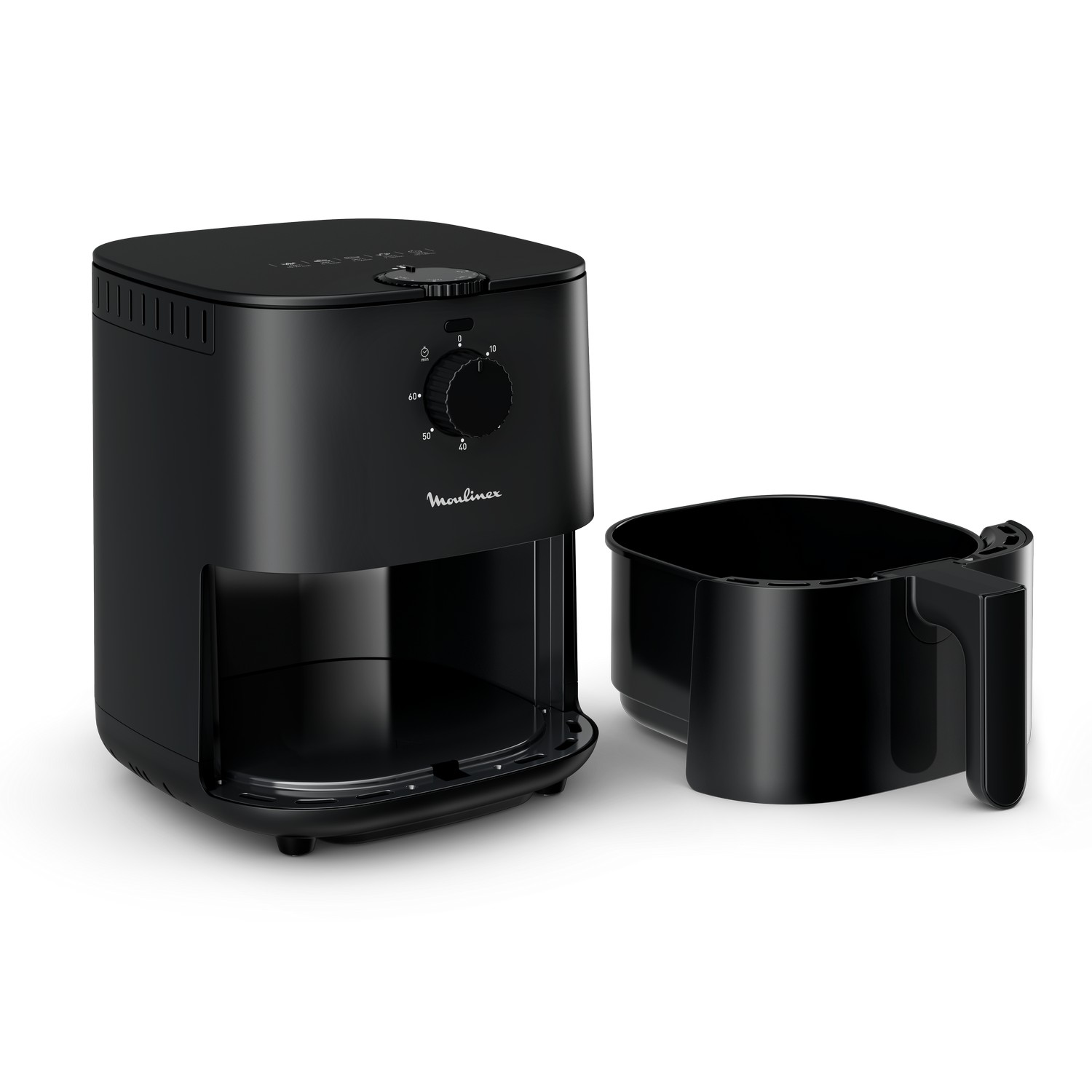 Een zwarte airfryer met de mand verwijderd.