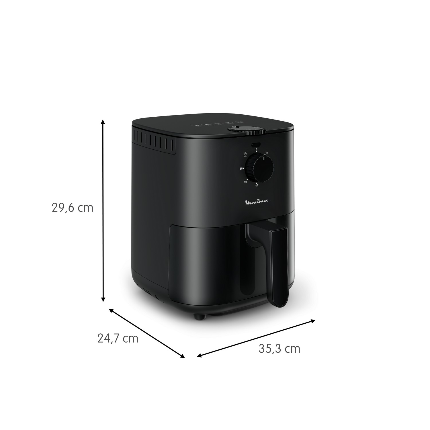 Zwarte airfryer met afmetingen op witte achtergrond.