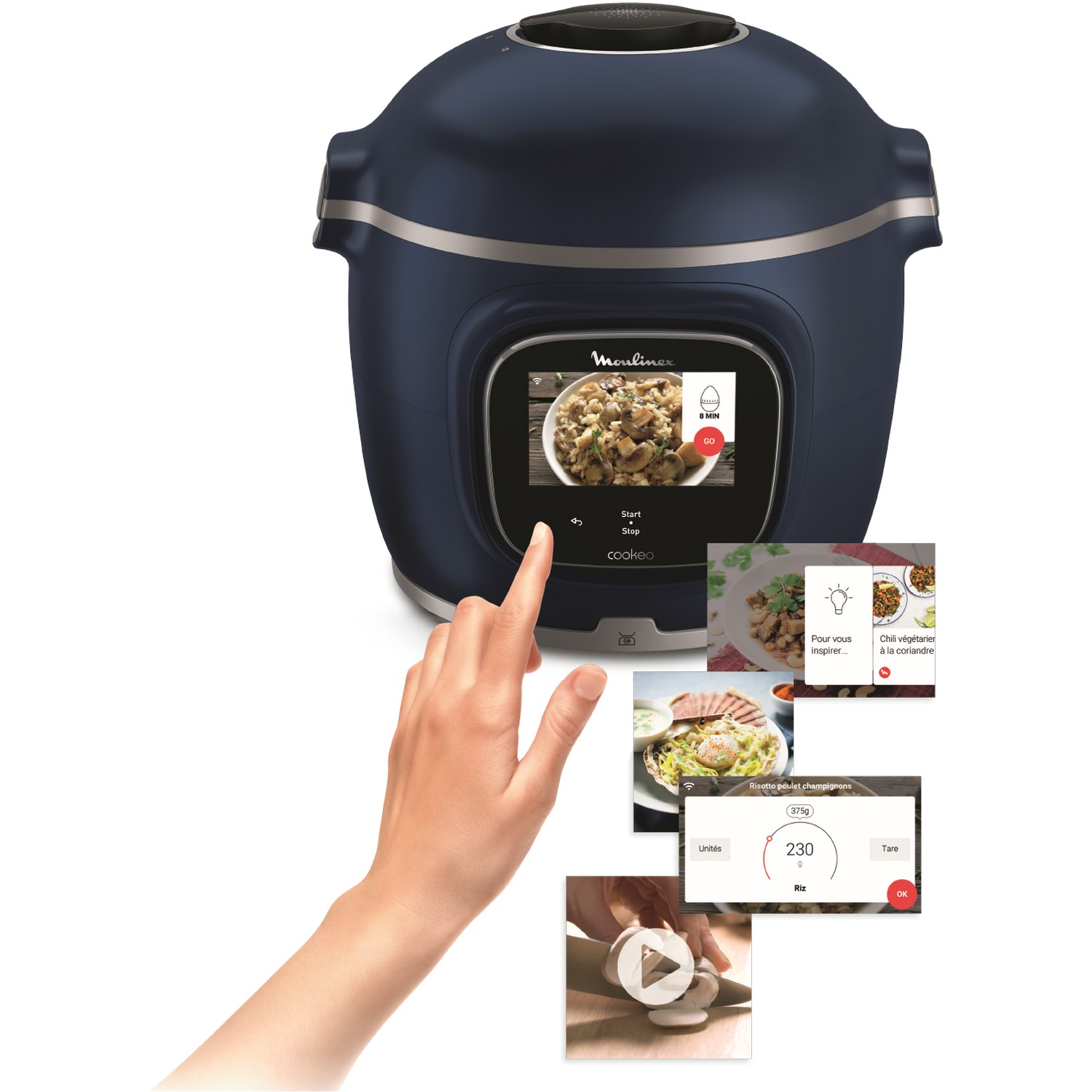 A hand touches a smart cooking appliance's touchscreen.
