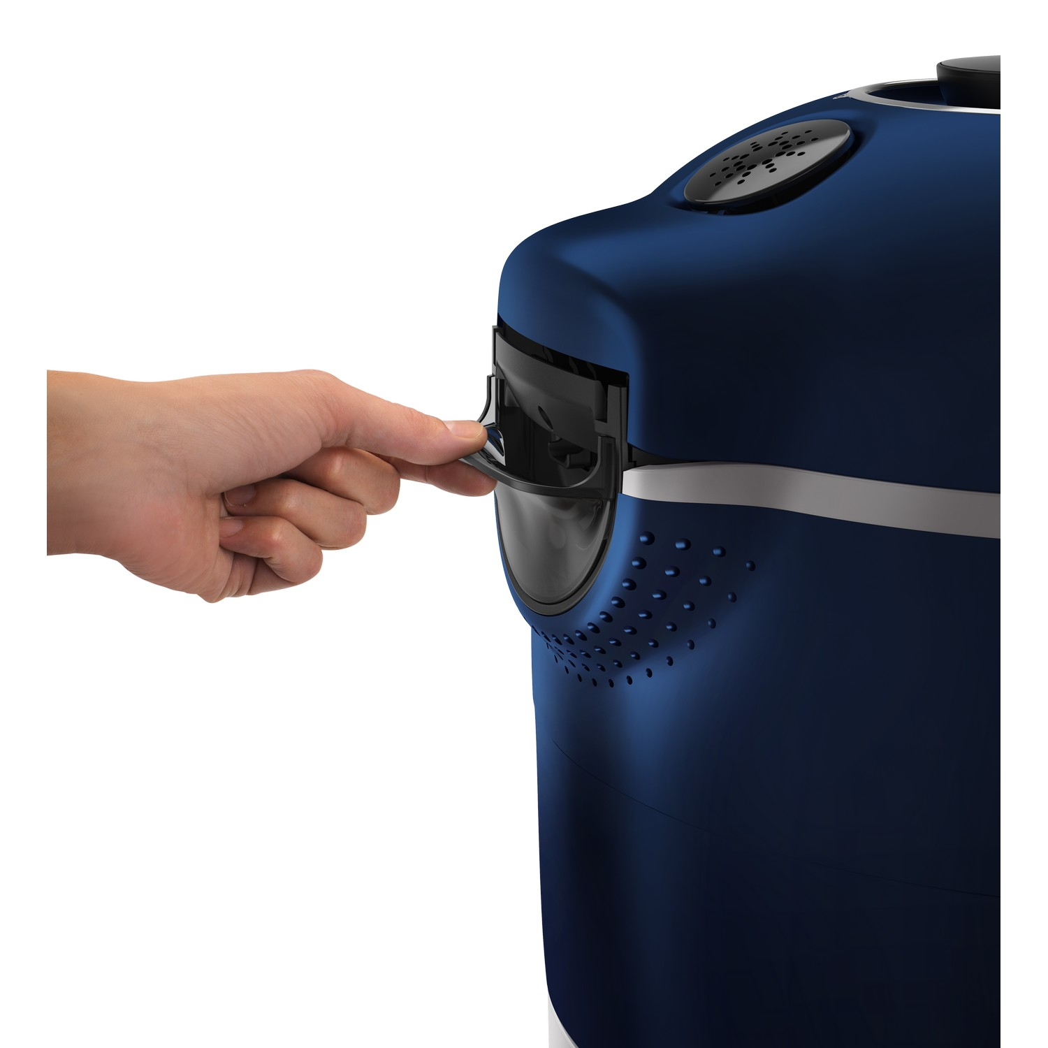 Hand opening a dark blue appliance door, white base.