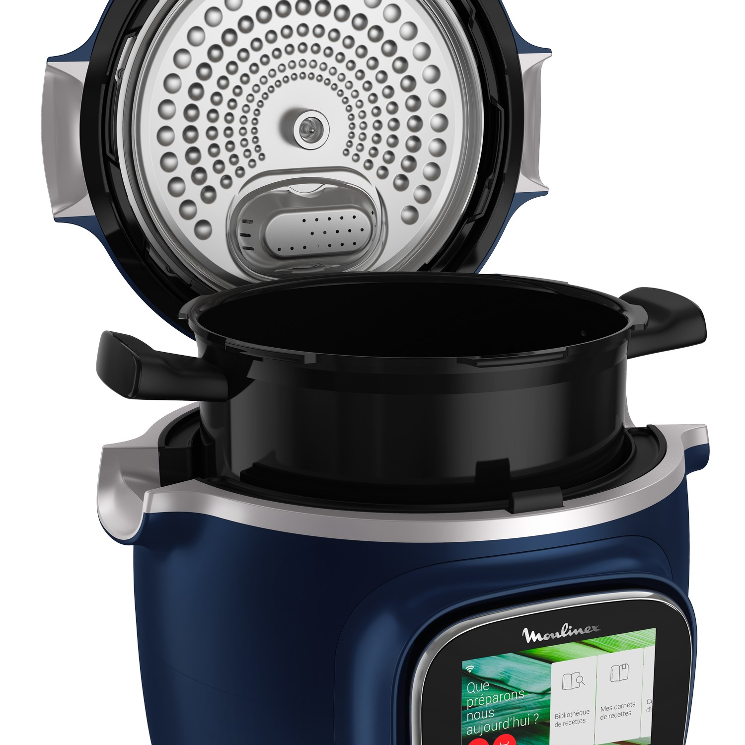 A blue Moulinex cooking appliance with an open lid, showing the inside and a touch screen.