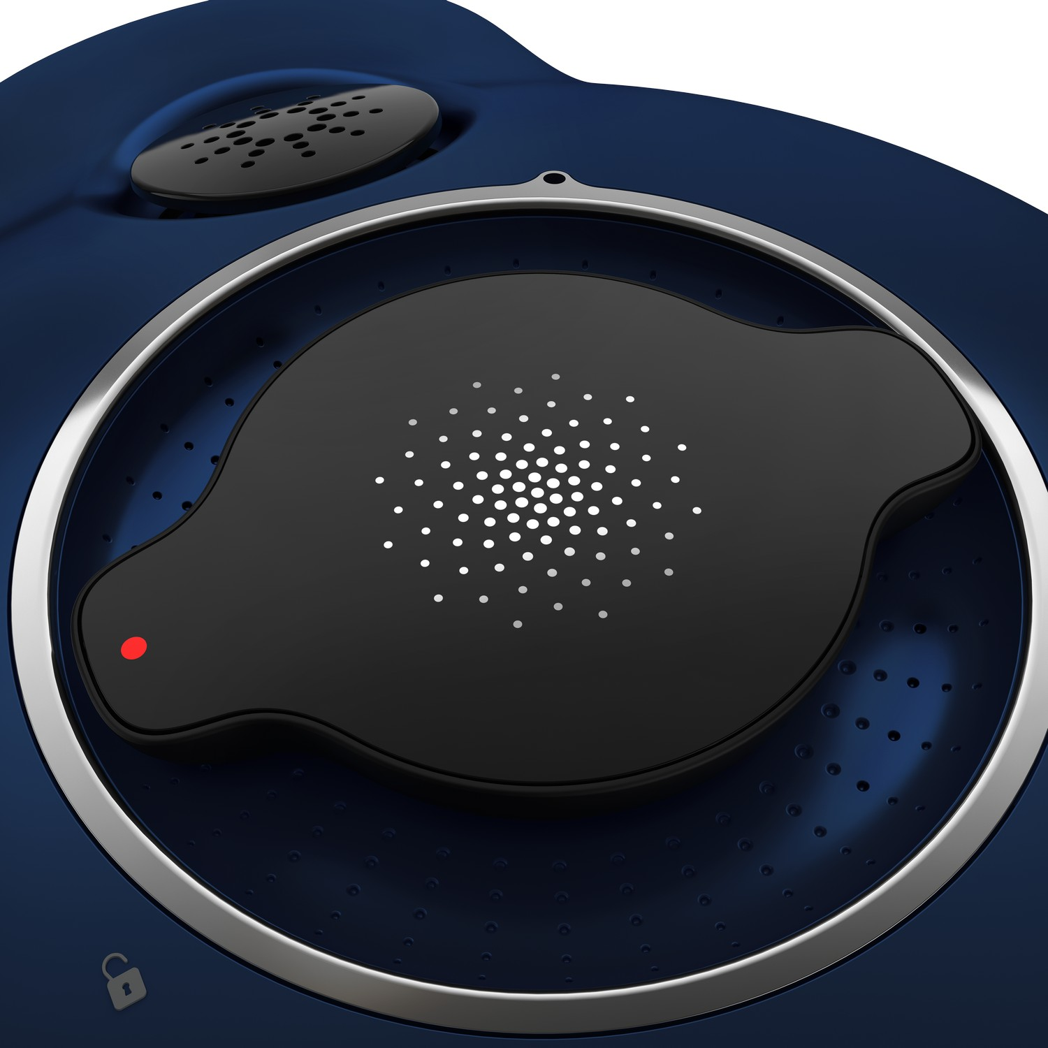 A close-up of a black, circular device with a red light and small holes.