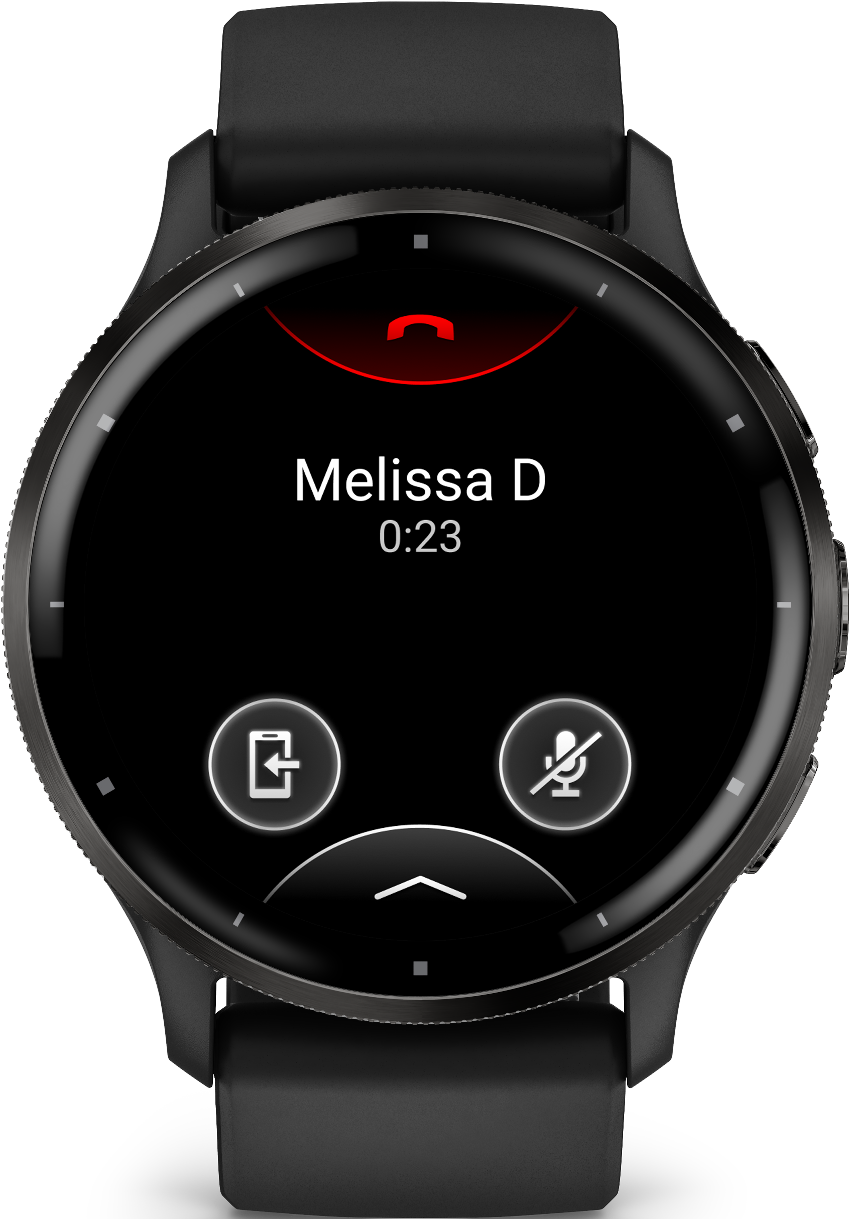 Écran de smartwatch Garmin noir affichant un appel de Melissa D. Fond noir.