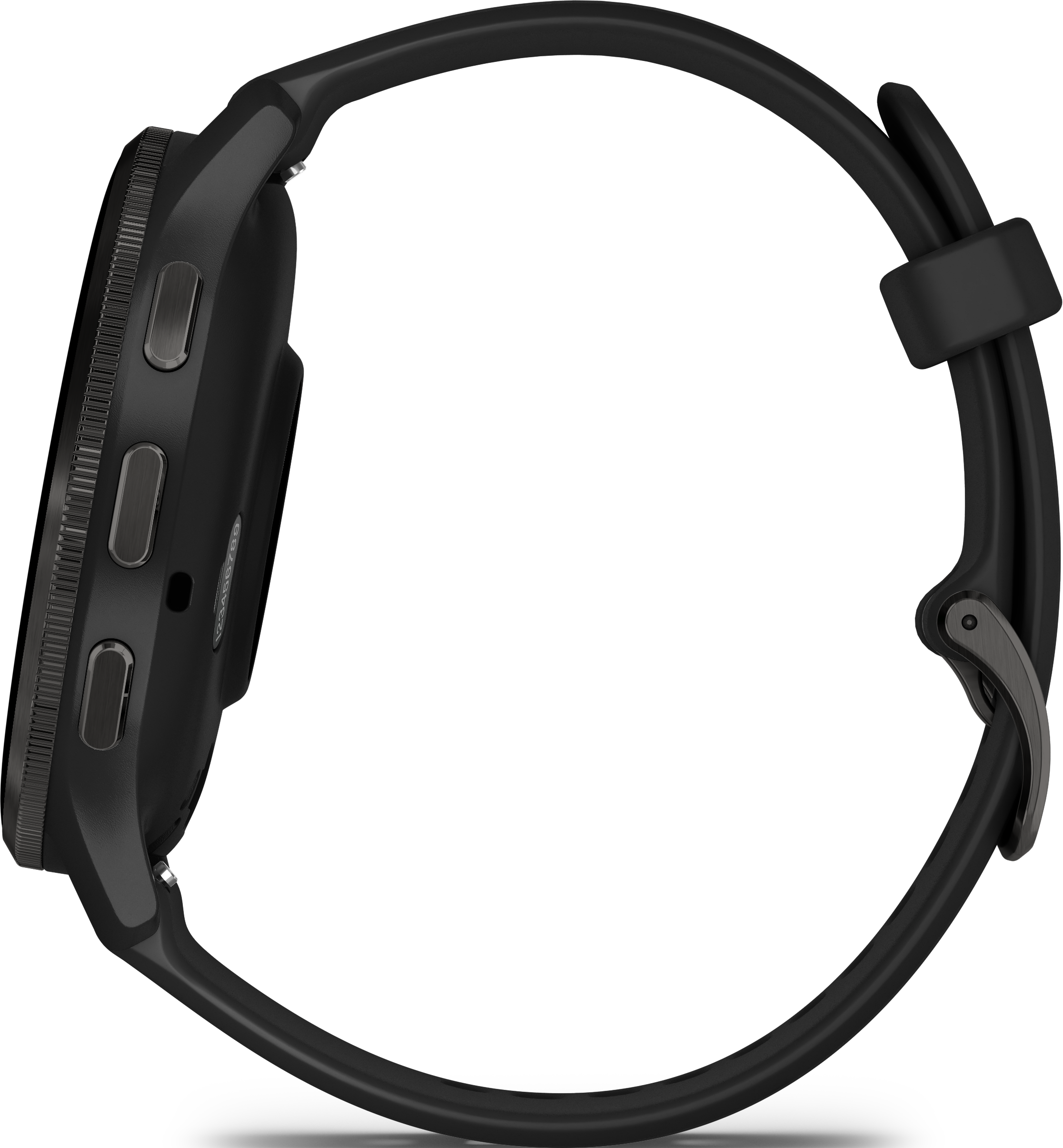 Montre connectée noire. La vue latérale montre les boutons et les détails sur le bracelet. La montre est inclinée sur fond noir.
