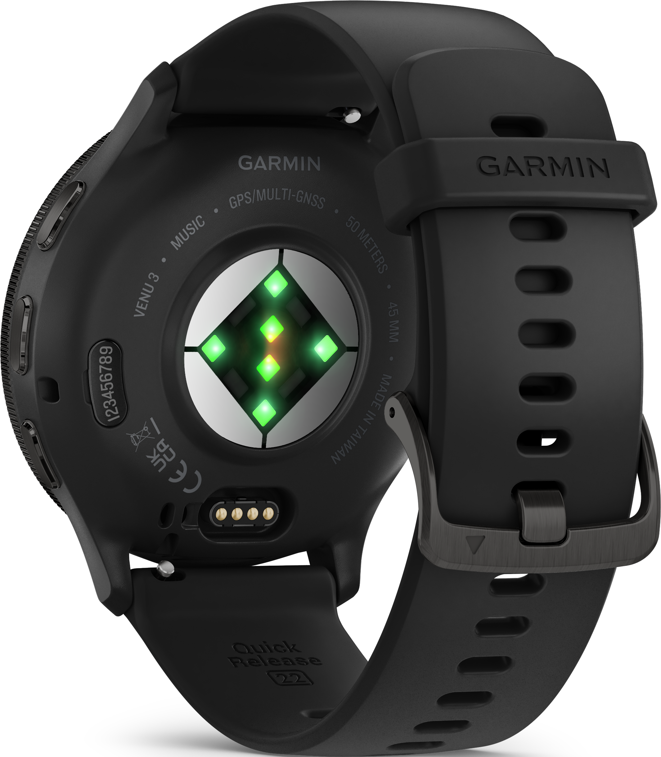 Une smartwatch Garmin, vue arrière. Montre le capteur de fréquence cardiaque et un bracelet. Le bracelet est noir.