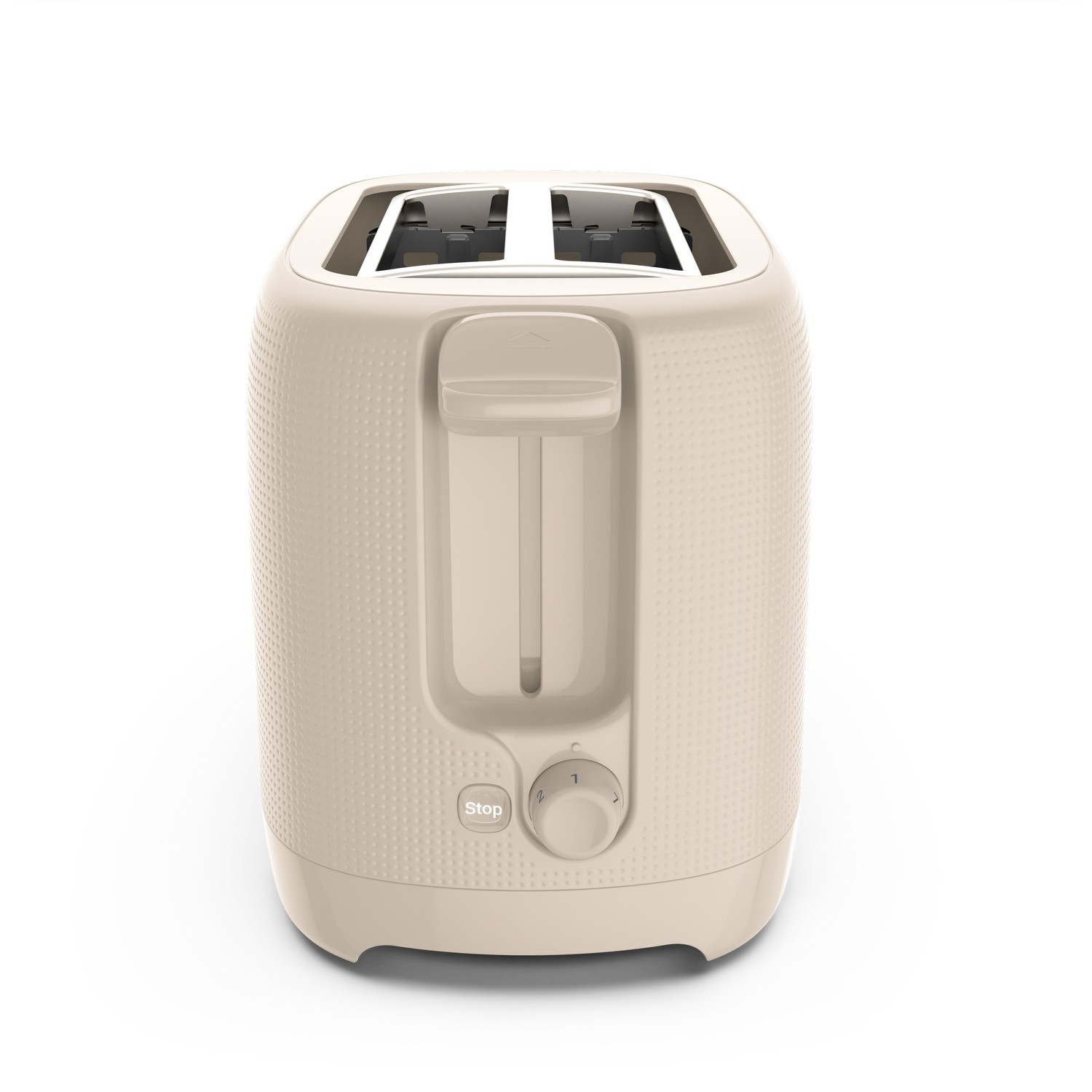 Beige toaster with two slots, a stop button, and a dial to control the browning level.