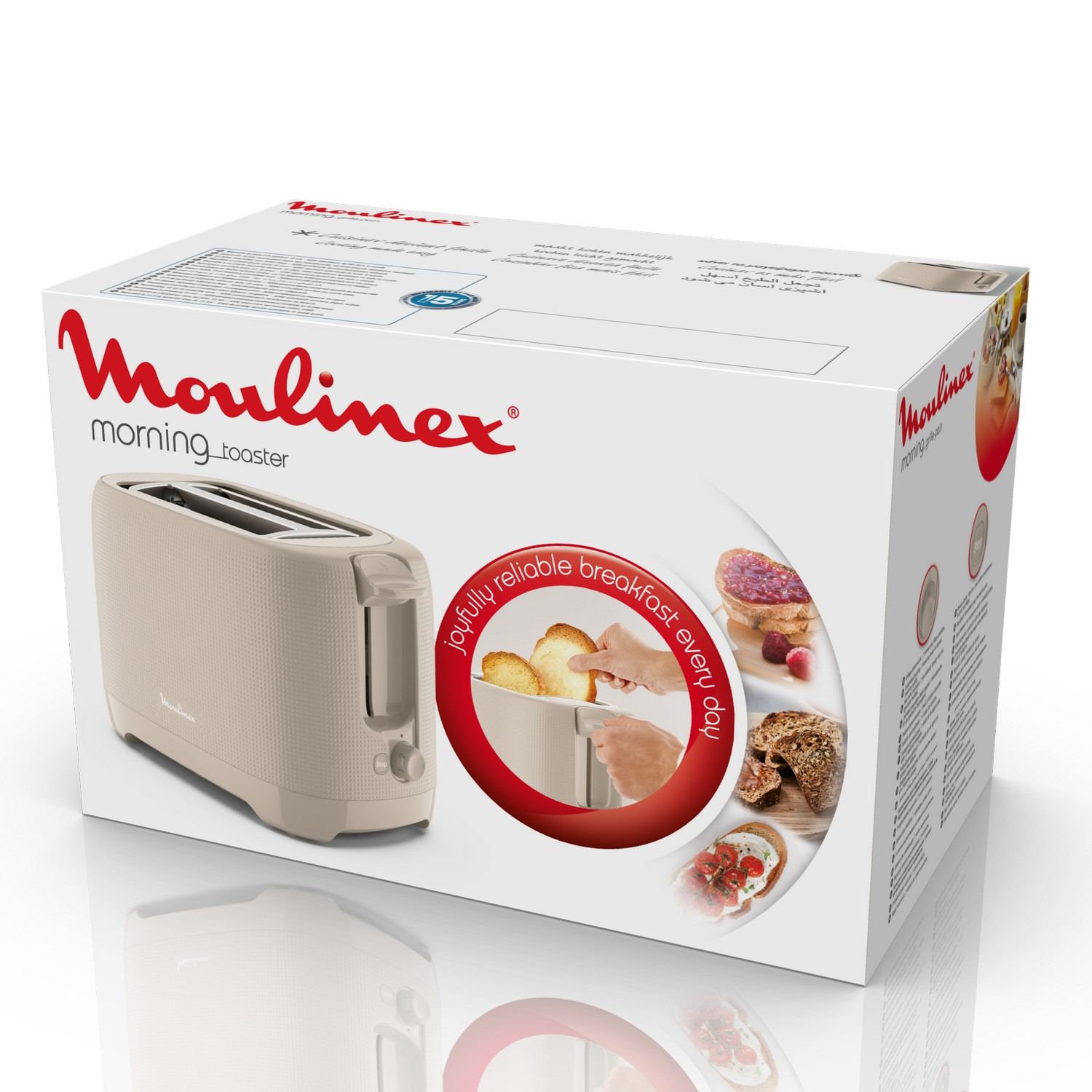A box of Moulinex toaster. A toaster and toast illustrations are on the box.