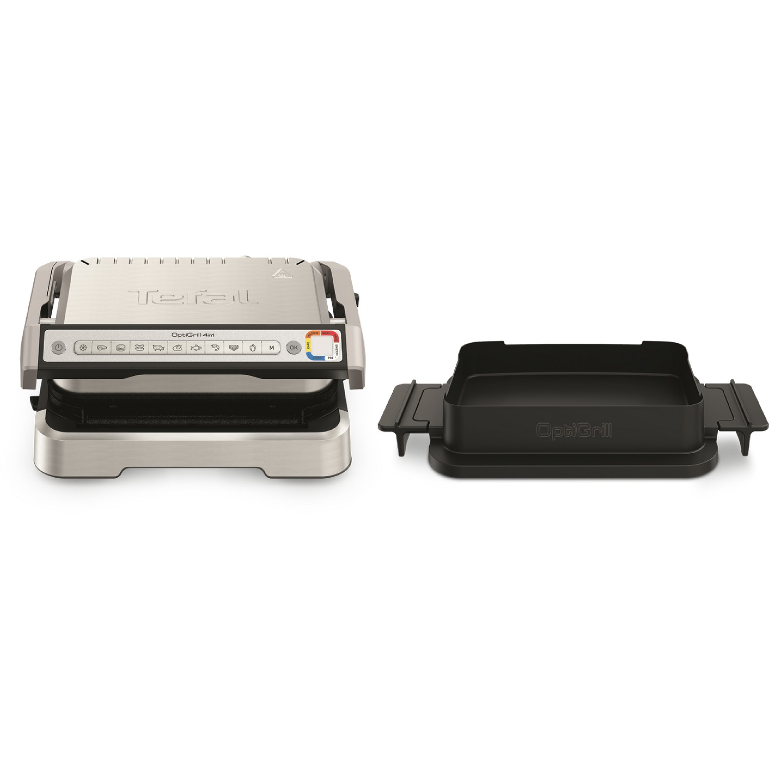 Tefal OptiGrill met een aparte zwarte bak, open en klaar voor gebruik.