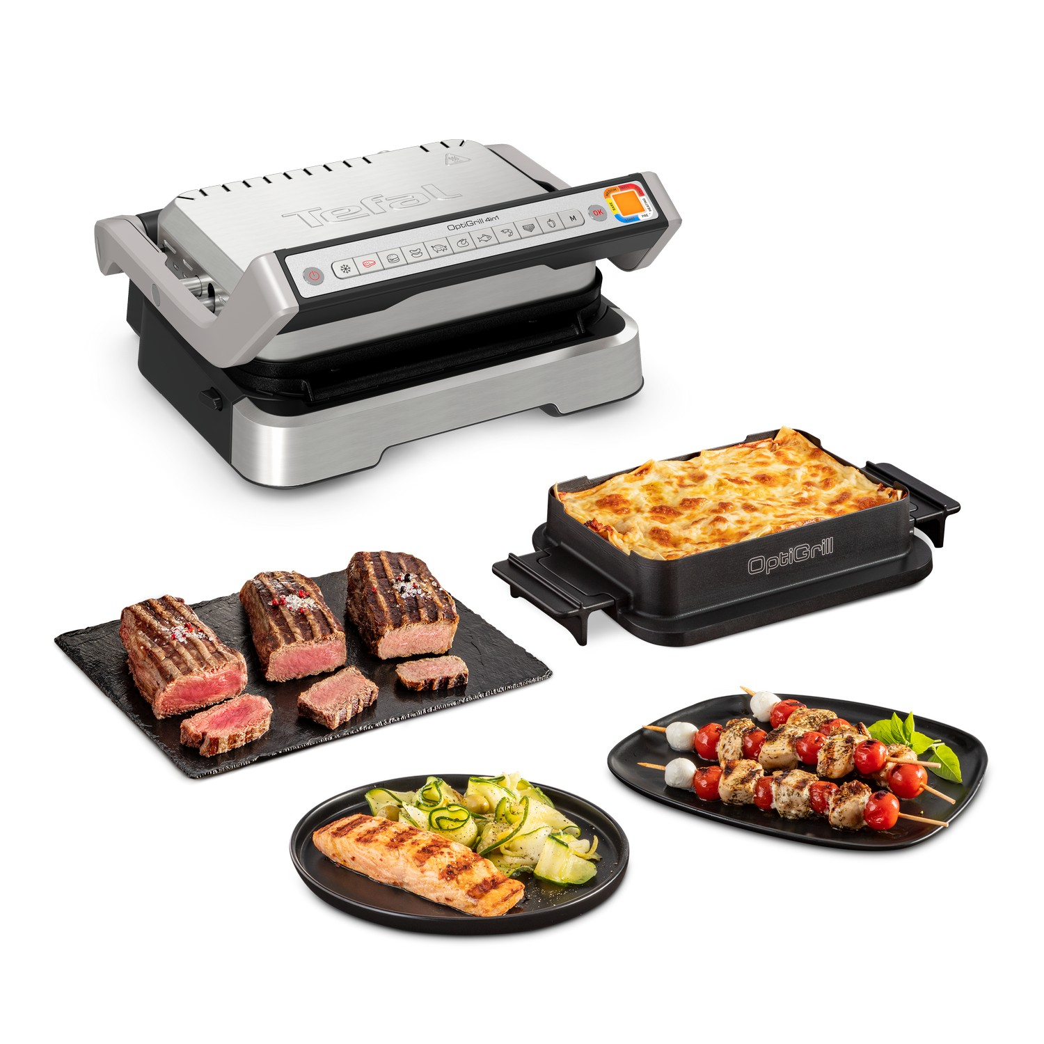 Een Tefal OptiGrill met diverse gekookte gerechten, waaronder steaks, lasagne en kebabs.