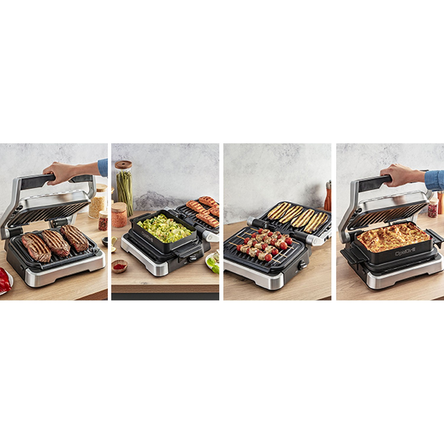 Vier afbeeldingen van een grill met diverse gekookte gerechten.