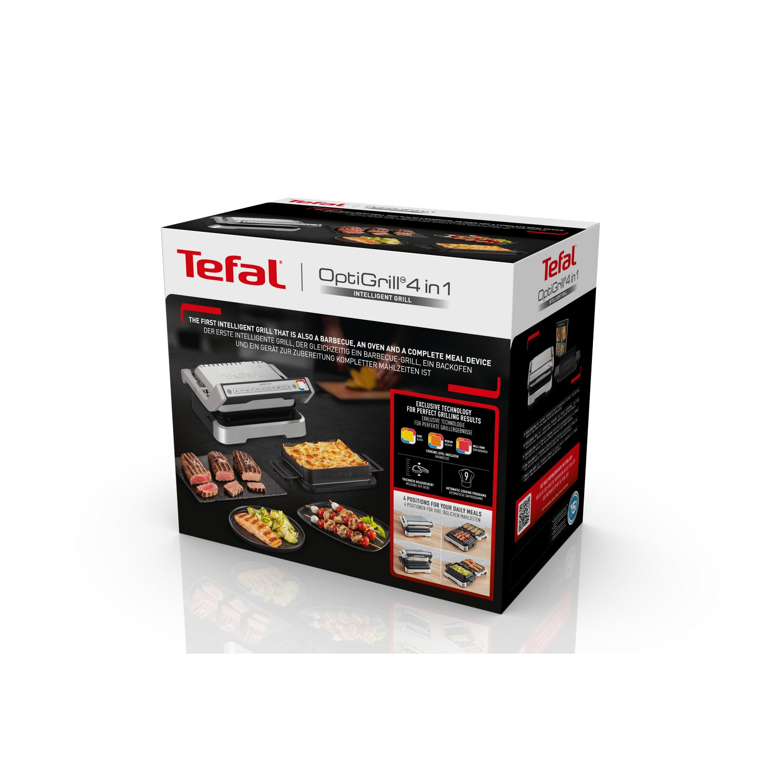 Een Tefal OptiGrill-doos met de grill, voedsel en functies weergegeven.