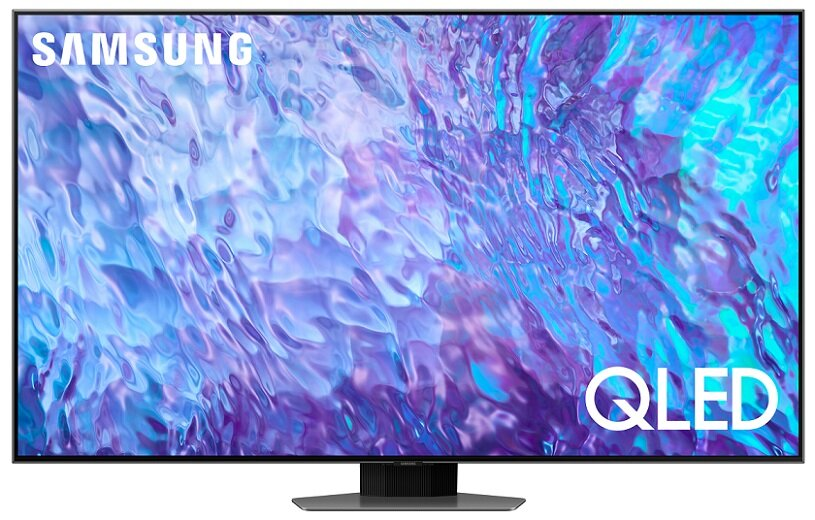Telewizor Samsung QLED. Ekran pokazuje kolory niebieskie i fioletowe, z nazwą marki u góry.