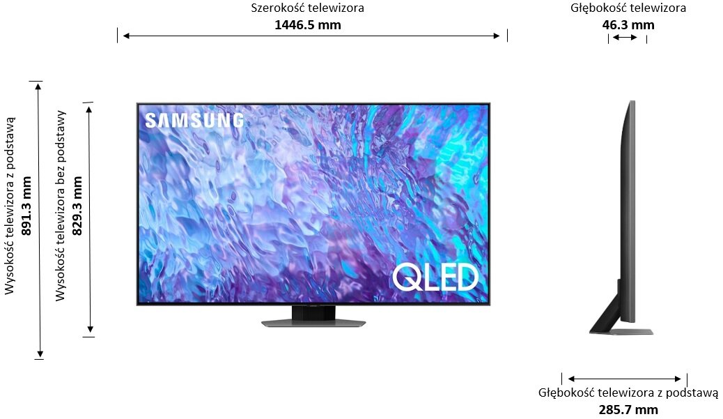 Telewizor Samsung QLED z wymiarami. Telewizor jest czarny ze srebrną podstawą. Tekst po polsku.