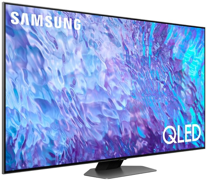 Telewizor Samsung QLED, ekran wyświetlający fioletowe i niebieskie kolory.