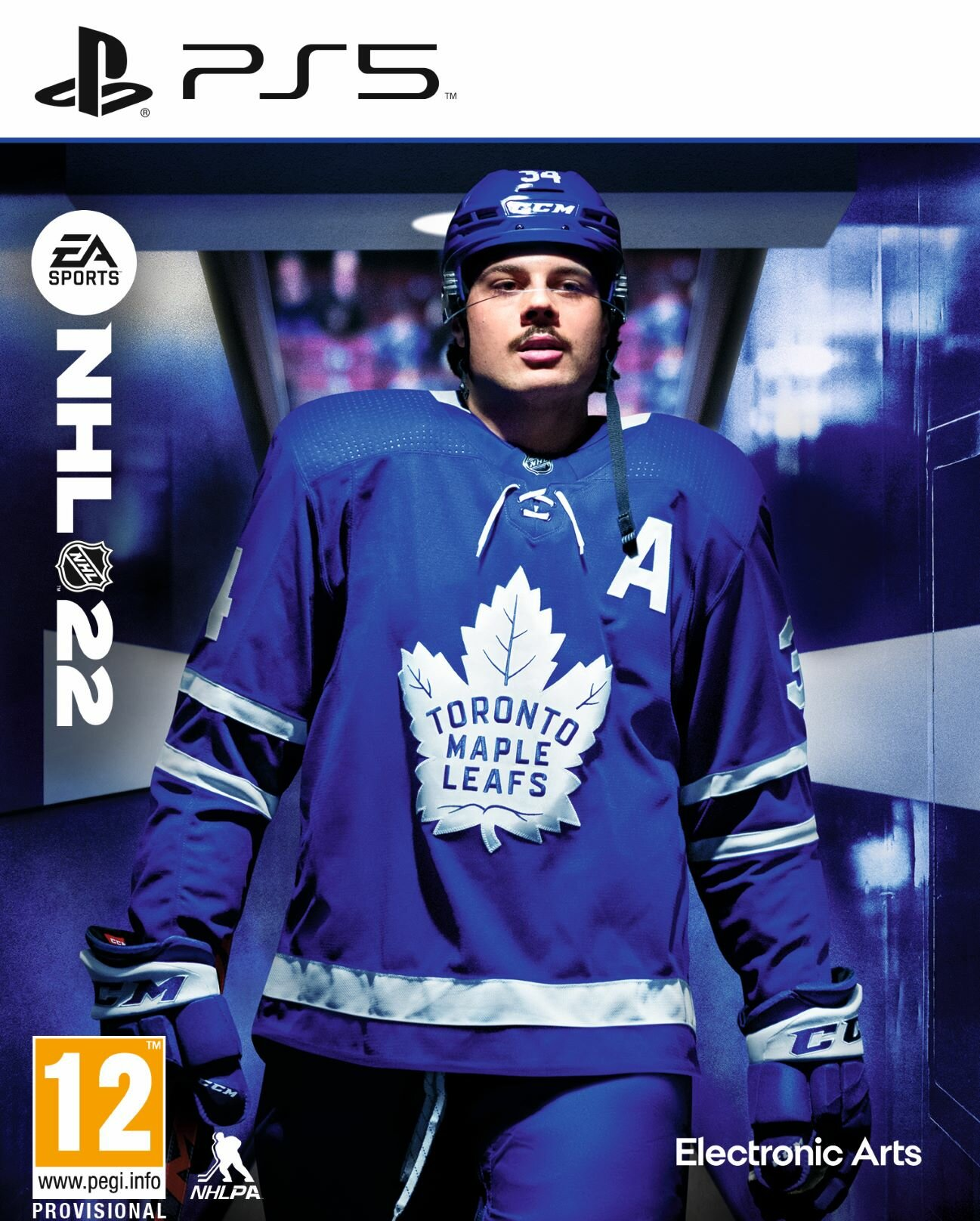 Okładka gry NHL 22 z hokeistą w koszulce Maple Leafs.