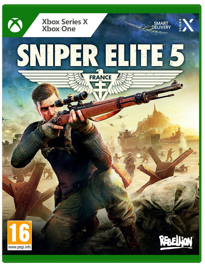 Pudełko z grą Sniper Elite 5. Żołnierz celuje z karabinu. Pole bitwy z wybuchami i żołnierzami w tle.