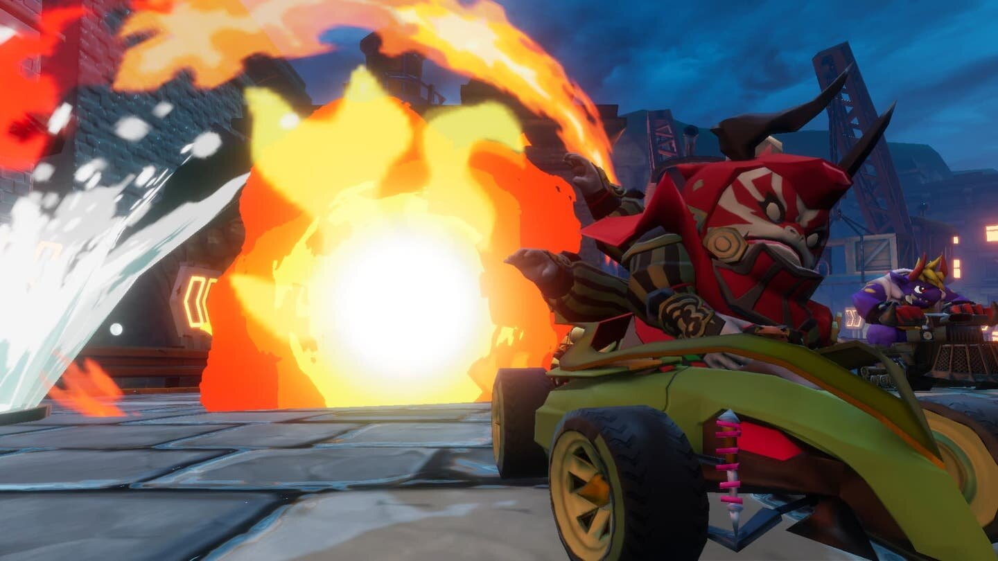 Gokart z postacią przed dużą eksplozją. Inne postacie również się ścigają.