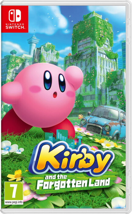 Pudełko gry Kirby and the Forgotten Land na Nintendo Switch, z Kirby'm i samochodem.