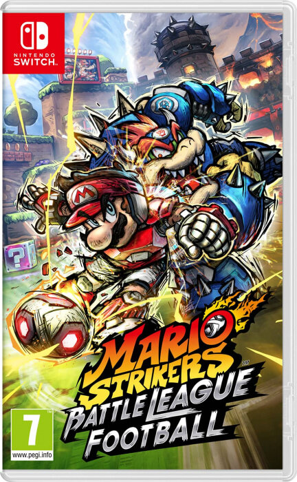 Opakowanie gry Nintendo Switch. Mario i Bowser walczą. Tekst brzmi 'Mario Strikers Battle League Football'.