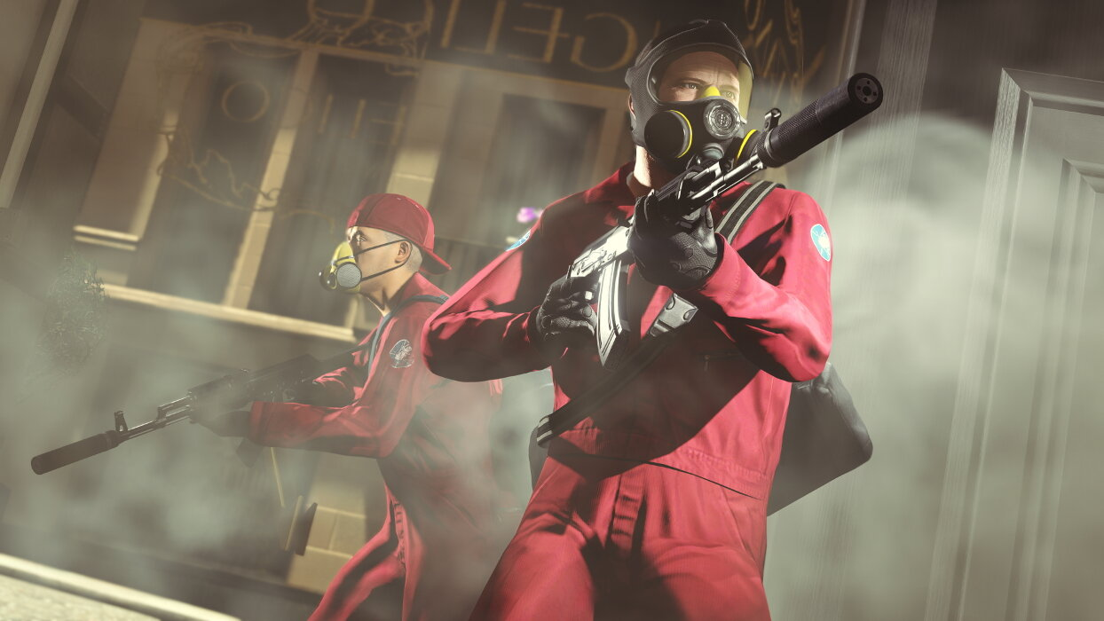 Dwie osoby w czerwonych mundurach z maskami gazowymi i bronią, w zadymionym, miejskim otoczeniu.