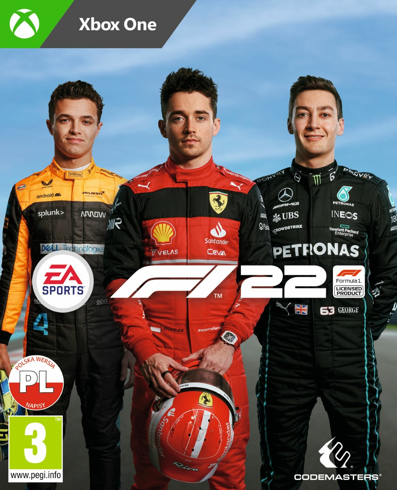 Okładka gry F1 22 z trzema zawodnikami F1, logo i etykietą Xbox One. Tło to niebieskie niebo.