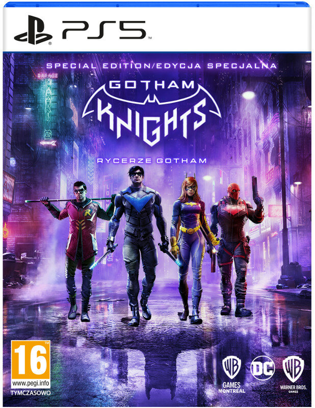 Okładka gry Gotham Knights, PS5. Postacie w kostiumach. Fioletowe tło.