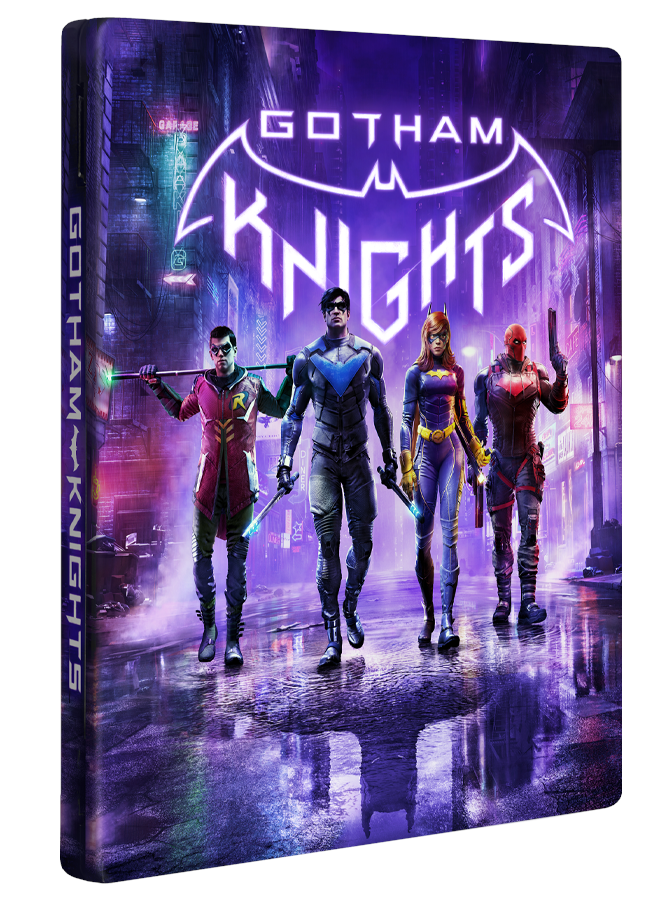 Opakowanie gry Gotham Knights z czterema postaciami przed sceną miejską.